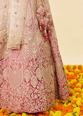 Coral Pink Bel Buti Embroidered Bridal Lehenga image number 4